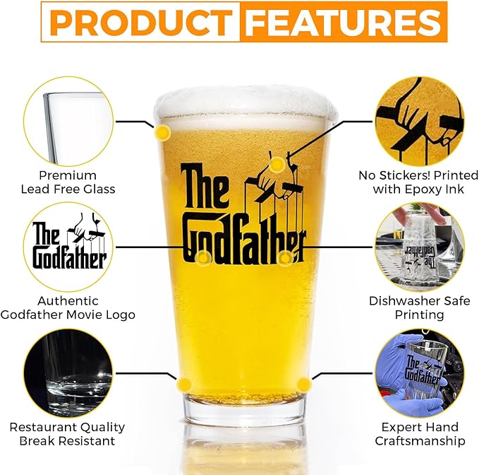 The Godfather Printed Pint Beer Glass - Officially Licensed, Premium Quality, Handcrafted Glassware, 16oz. - Perfect Collectible Gift for Movie Enthusiasts, Birthdays & Special Occasions
