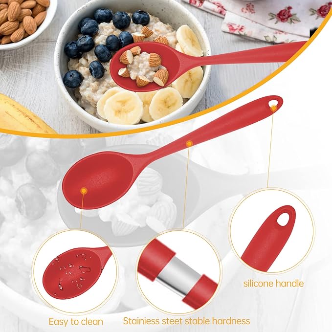 2 Pcs Silicone Nonstick Mixing Spoon, 10.6Inch Silicone Spoons for Cooking Heat Resistant, Cooking Utensil for Kitchen Cooking Baking Stirring Serving (Red,Black)