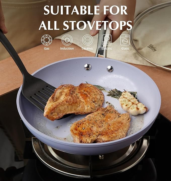 KOCH SYSTEME CS Frying Pan with Lid, 10 Inch Frying Pan with Nonstick Ceramic Coating, Nonstick Fry Pans with Lid, Oven Safe Skillet, Induction Compatible, Purple