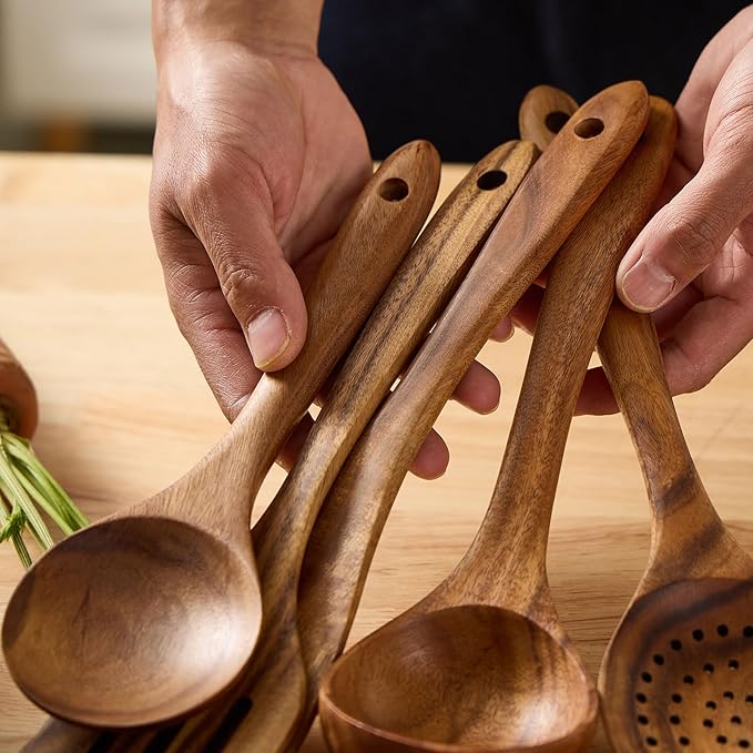 Wooden Kitchen Utensils Set, Teak Wood Cooking Spoons for Non-Stick Pans, 6 Pieces