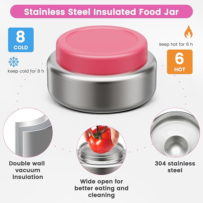 Stainless Steel Bento Box Kids Adult with 7oz Soup Thermo, Transparent Lid 3 Compartments Metal Bento Lunch Box with Insulated Food Jar,Lunch Box Container Sauce Cup for School,BPA-Free(Pink)