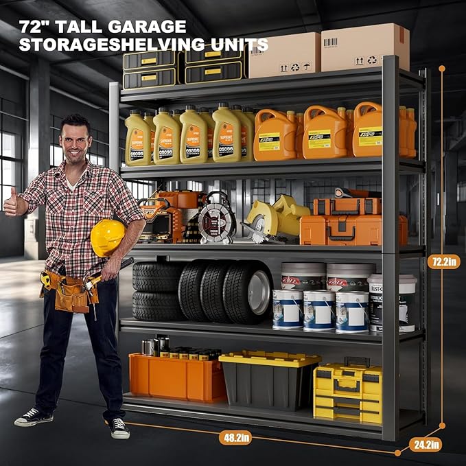 48.2" W Garage Shelving 3000LBS Storage Shelf Heavy Duty Garage Storage Shelves Adjustable 5 Tier Metal Shelves for Storage Industrial Heavy Duty Shelving Unit 24.2" Dx48.2 Wx72.2 H