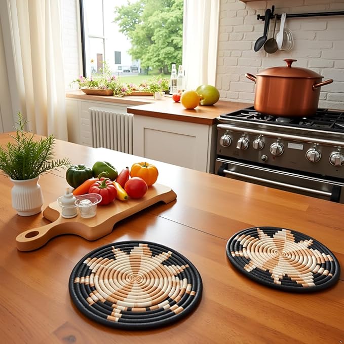 Brown Flower Woven Trivet Set, Trivets for Dishes, Pots and Pans, Heat Resistant Hot Pads, Pot Holders for Table, Plate Mats for Countertops, Kitchen Table Accessories, 8" Wide, Boho Decor