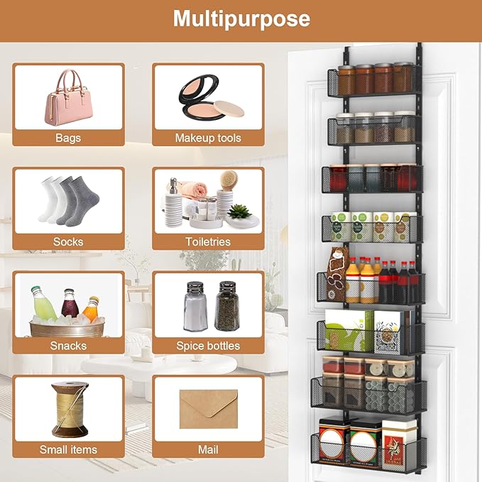 Over The Door Organizer, 8-tier Metal Door Organizer Hanging with Adjustable Baskets, Behind The Door Storage for Bedroom Closet Bathroom Pantry Cabinet Kitchen, Black