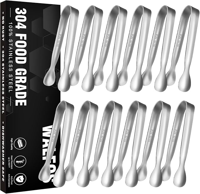 Walfos Mini Tongs for Serving Food, Small Stainless Steel Kitchen Tongs for Appetizers, Sugar, Desserts, Tea Party, Coffee Bar, Set of 12 (Silver)