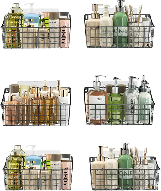 Sonyabecca 6 Pack Hanging Wall Basket for Organizing, Large Wire Basket for Storage Pantry with 5 S Hook+6 Adhesive Hook, Wall Mounted Shelf for Kitchen Bathroom
