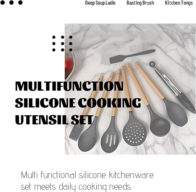 Silicone Cooking Utensils Set For Kitchen, Spoons Spatula Spatulas Accessories, Baking Heat Resistant Cookware De Home, Rubber New Apartment Decor, Plastic Nonstick Turner Tool (grey)