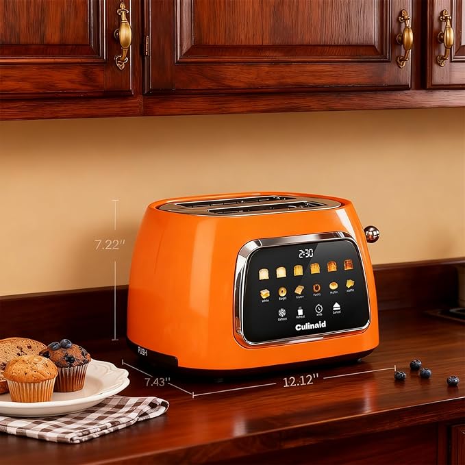 Toaster 2 Slice Smart Touch Screen, Retro 1.5'' Extra Wide Slot Stainless Steel Digital Bread Toaster with Memory Function, Bagel, Defrost, 6 Browning Level and Removable Crumb Tray, Orange