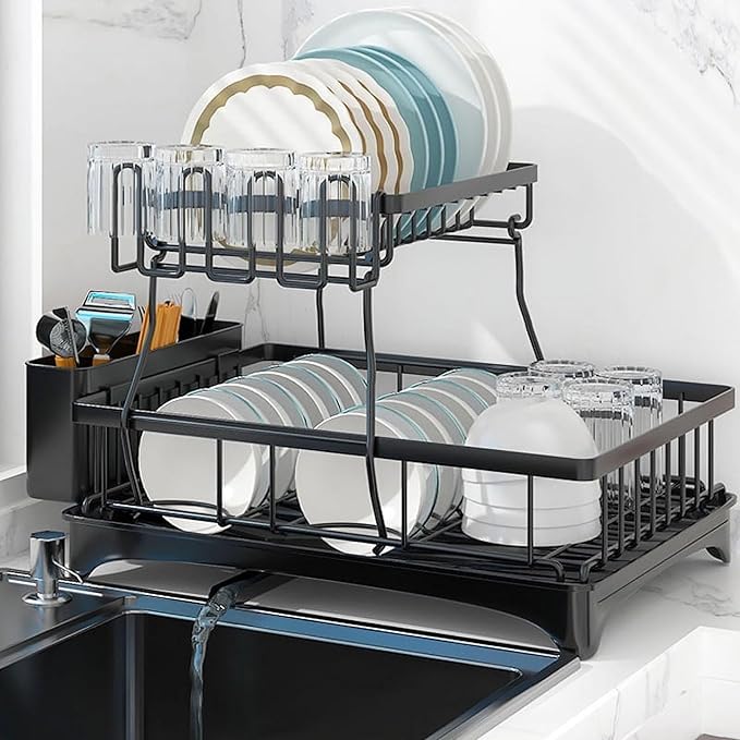 Large Dish Drying Rack for Kitchen Counter, Detachable Large Capacity Dish Drainer Organizer, 2-Tier Dish Racks with Utensil Holder
