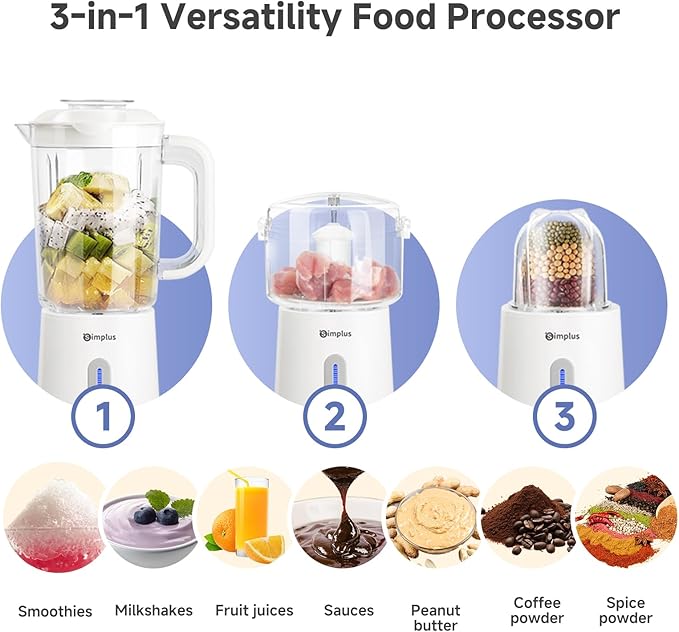 Simplus 42oz Blender for Smoothies with 2-Cup Food Processor & 1-Cup Vegetable Food Chopper, High Speed Blenders with 2 Speeds and Pulse for Puree, Nuts and Shakes