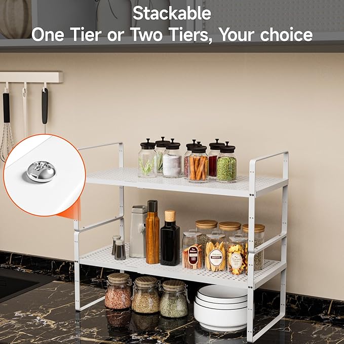 16.5-27’’L Expandable Cabinet Countertop Shelf Organizer, Stackable Metal Shelves, Kitchen Organizers and Storage, White Storage Spice Rack for Pantry and Cupboard