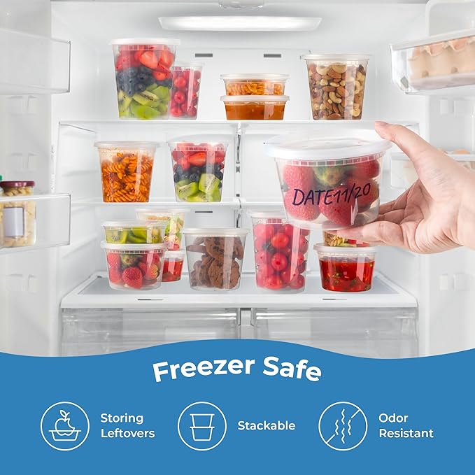 Fit Meal Prep 40 Pack 8 oz Deli Containers with Lids Variety Pack, US Made Leakproof Assorted Plastic Soup Containers, Combo Clear Food Storage Containers with Lids, Microwave Freezer Safe