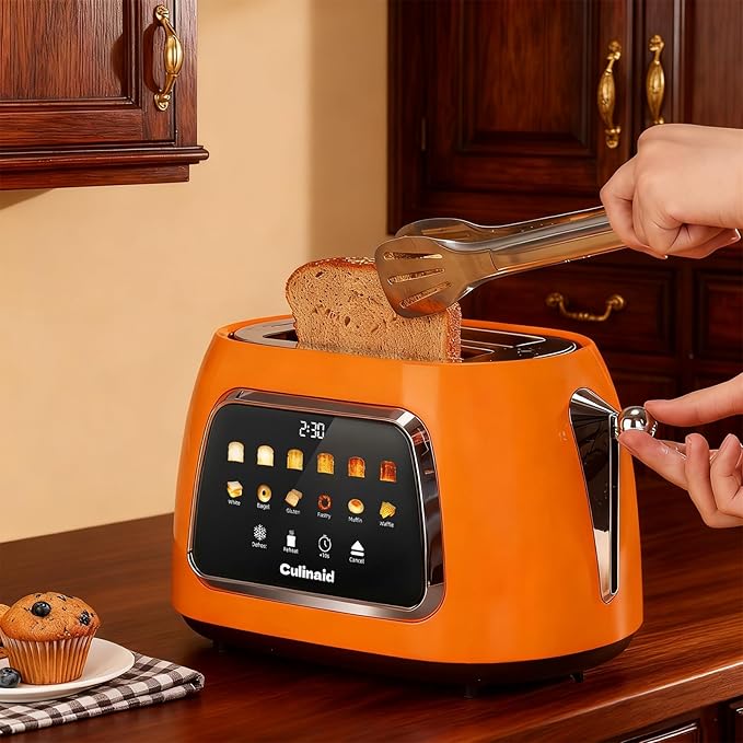 Toaster 2 Slice Smart Touch Screen, Retro 1.5'' Extra Wide Slot Stainless Steel Digital Bread Toaster with Memory Function, Bagel, Defrost, 6 Browning Level and Removable Crumb Tray, Orange