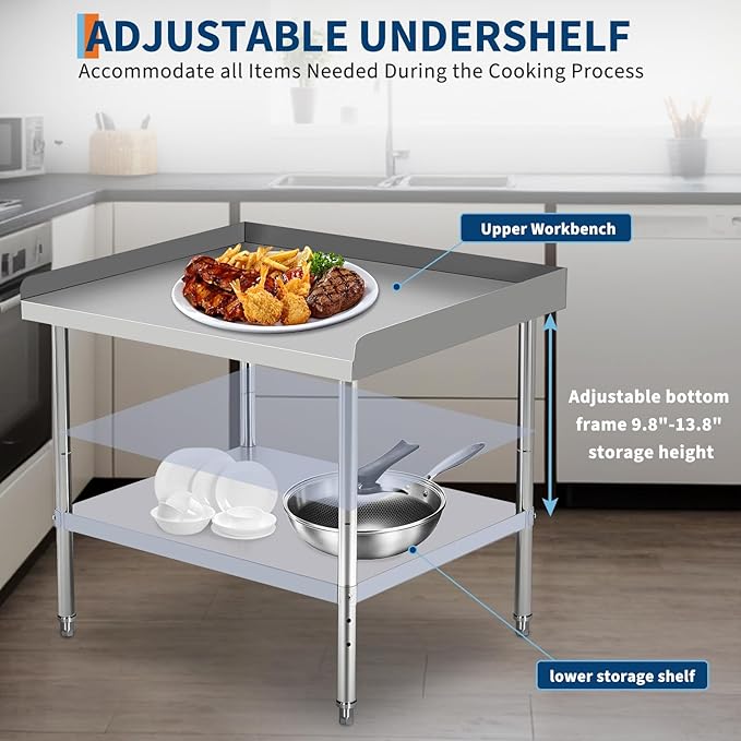 36x24x30 in Stainless Steel Equipment Grill Stand Table 400 LBS Capacity NSF Certified with Adjustable Legs, 2 in Edge Baffle, for Hotel, Home, Commercial Restaurant Kitchen