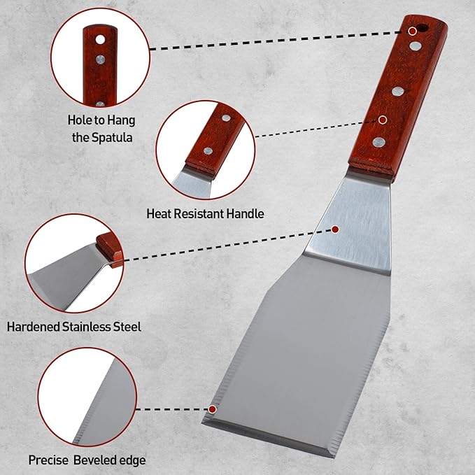 Eggssentials Griddle Spatula Stainless Steel Grill Spatula Turner for Burgers, Cookies and Pancakes with Wooden Handle.