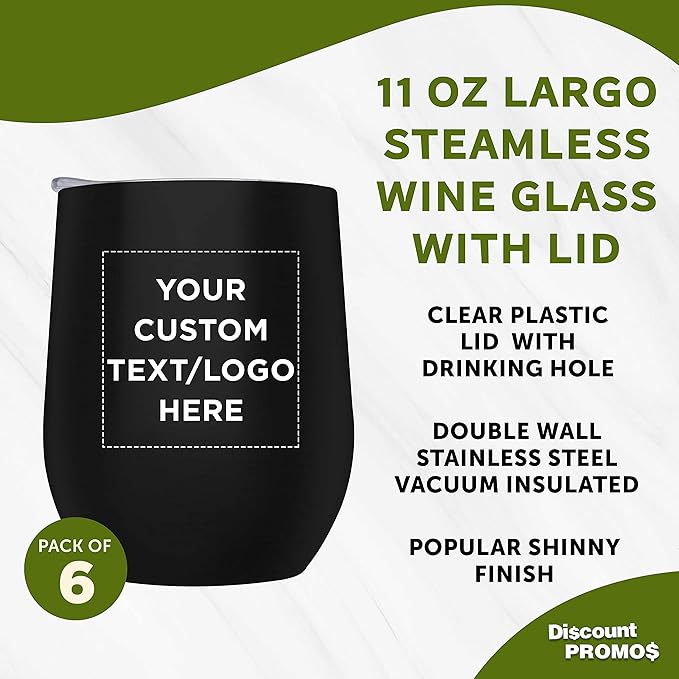 Custom Stemless Wine Glass Tumblers with Lids by Largo 11 oz. Set of 6, Personalized Bulk Pack - Perfect for Wine, Cocktails, Other Hot & Cold Beverages - Black