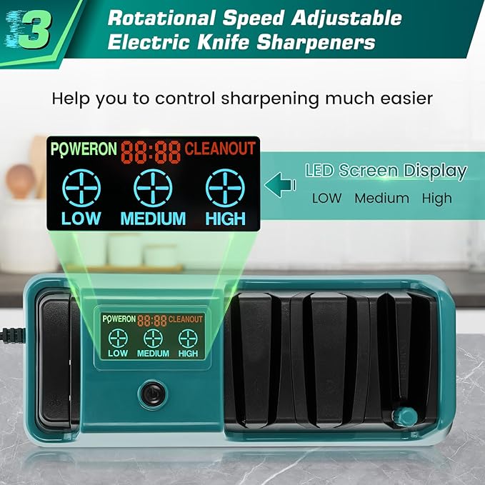 Electric Knife Sharpener with LCD Screen for Straight, Serrated, Meat Cleaver, Ceramic Knives & Scissors, 3 Rotational Speed Adjustable Electric Kitchen Knife Sharpener, 100% Diamond Abrasives