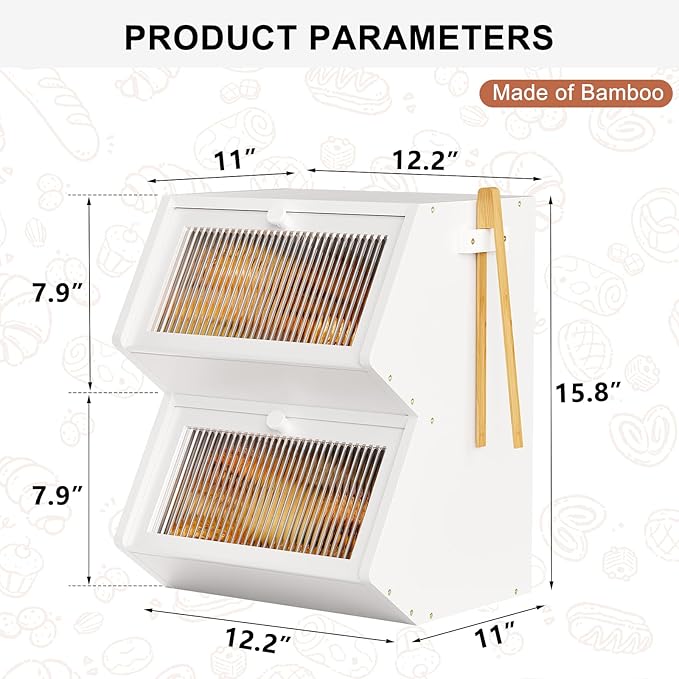 WOWLIVE Double Layer Bread Box for Kitchen Countertop, Large Bamboo Bread Storage Container for Homemade Bread, Farmhouse Bread Holder for Kitchen Counter Cabinet, Pantry, Cupboard (White, Medium)