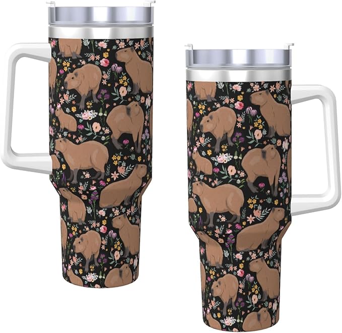 Capybara Gifts Capybara Tumbler Cute Water Bottle Cups for Girls, Teens, Women, Men Stainless Steel Vacuum Insulated 40oz Tumbler with Lid and Straw for Water, Iced Tea or Coffee, Black