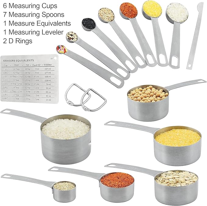 Smithcraft Measuring Cups and Spoons Set 15, Metric & US 18/8 Stainless Steel Measuring Cups and Spoons Set for Baking & Kitchen, 6 Measure Cups & 7 Spoons Leveler & Measure Equivalents for Dry&Liquid