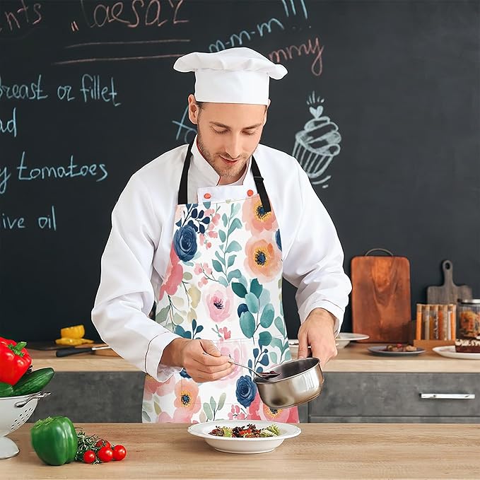 Cooking Apron for Women and Men,Adjustable Chef Bib Apron with 2 Pockets, Water and Oil Resistant for Kitchen Use