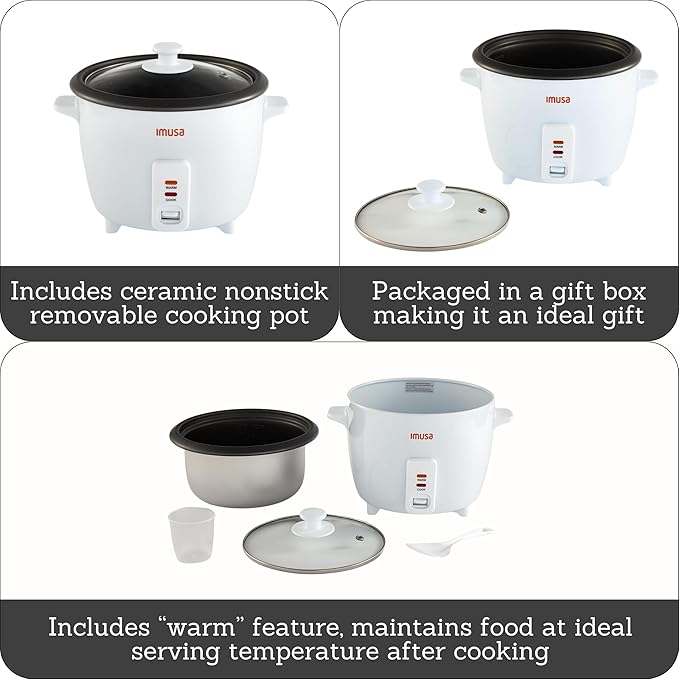 IMUSA Electric Rice Cooker 16 Cup Cooked 8 Cup Uncooked – Ceramic Nonstick Pot, Multi Cooker for Rice, Quinoa, Oatmeal, Stew – Keep Warm Function – Compact for Kitchen Dorm RV