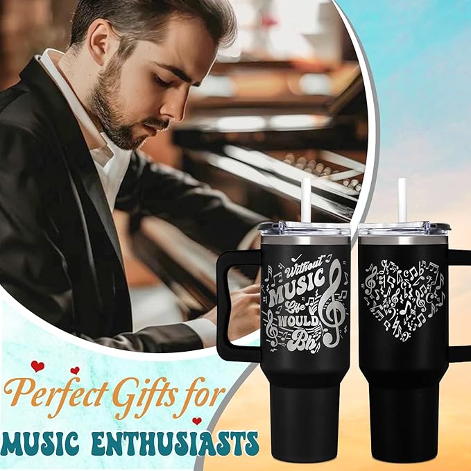 Music Gifts for Men, Women & Teens - 40oz Musical Themed Tumbler with Handle for Music Lovers, Teacher Appreciation Gifts - Fathers Day, Mothers Day, Birthday, Christmas Gift for Rhythm Lovers