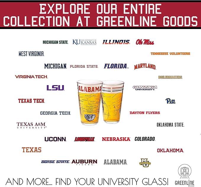 Greenline Goods – University of Alabama Crimson Tide College Pint Beer Glasses (Set of 2), 16 oz – Full-Color Logo + Campus Map