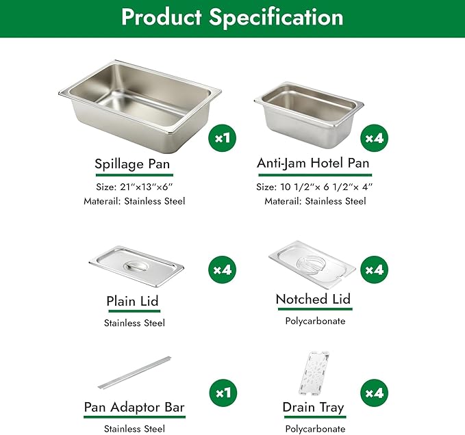 HECMAC Ice Chilled Condiment Serving Container (4 Pan), 2 Types of Lids, Drain Tray, 23 Gauge Anti-Jam Food Pan Commercial Heavy Duty Spice Rack Set, for Kitchen Buffet Catering