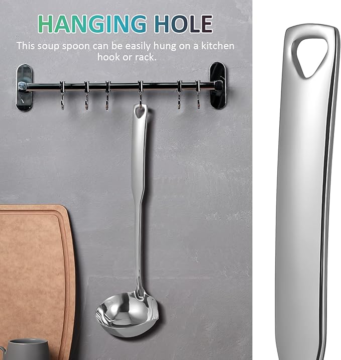 Stainless Steel Soup Ladle with Long Handle and Precision Pouring Spout Deep Serving Spoon for Soup Gravy Hot Pot Kitchen Utensil with Hanging Hole