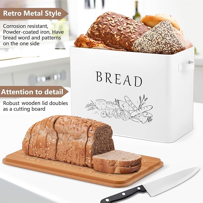 P&P CHEF Bread Box for Kitchen Counter, Metal Bread Storage Bin with Wooden Cutting Lid, Large Capacity for Holding 2+ Loaves, Retro Modern Style, Size 13” x 7.2” x 9.7”, White