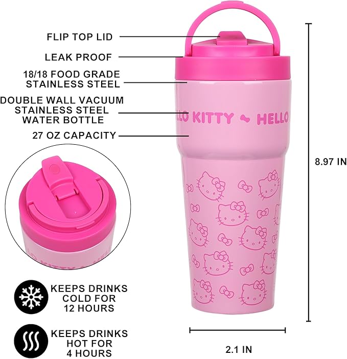 Bioworld Hello Kitty Character Print Pink 27 Oz Stainless Steel Travel Coffee Tumbler