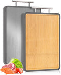 Cutting Boards for Kitchen - Food Grade Double Sided Pure Stainless steel& Bamboo Chopping Board with Handle, Slip resistant Non-toxic Charcuterie Board Housewarming Gifts (15.5×10)