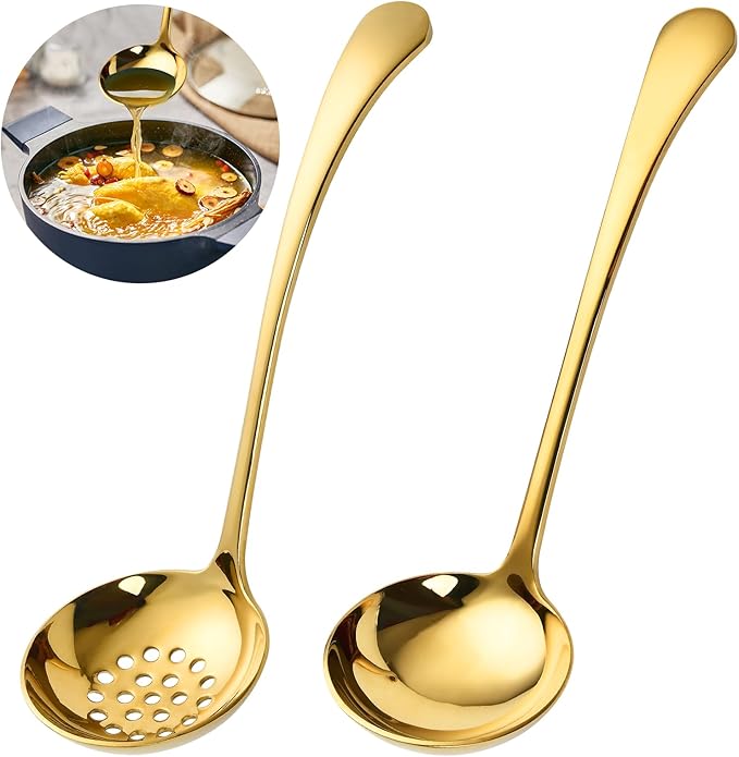 7.9 Inch Gold Small Ladle, 2 Pcs Gold Slotted Spoon Soup Ladle Set, Stainless Steel Small Ladles for Serving Sauce, Soup, Vegetables, Gold Metal Soup Ladle for Buffet, Party, Kitchen