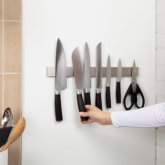 Magnetic Knife Holder 16 Inch Silver – Classic Stainless Steel Strip, Rack & Bar for Wall or Fridge, No Drill Adhesive Kitchen Organizer, Premium Gift by Pampavanna