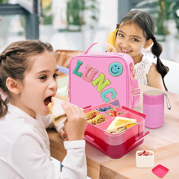 Pink Lunch Box for Girls with 10oz Thermo, with 6 Compartment Bento Box, Nylon Insulated Lunch Bag Adjustable Strap for Girl Kids Teens School Travel Picnic