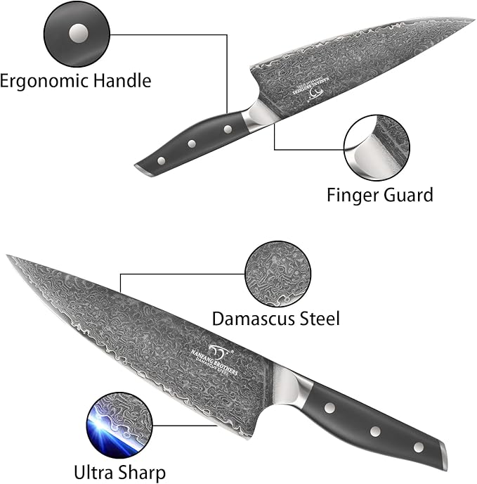 NANFANG BROTHERS Knife Set, 7-Pieces Damascus Kitchen Knife Set with Block, ABS Ergonomic Handle for Chef, Carving Fork, Disconnect-type Knife Block Set (Grey)