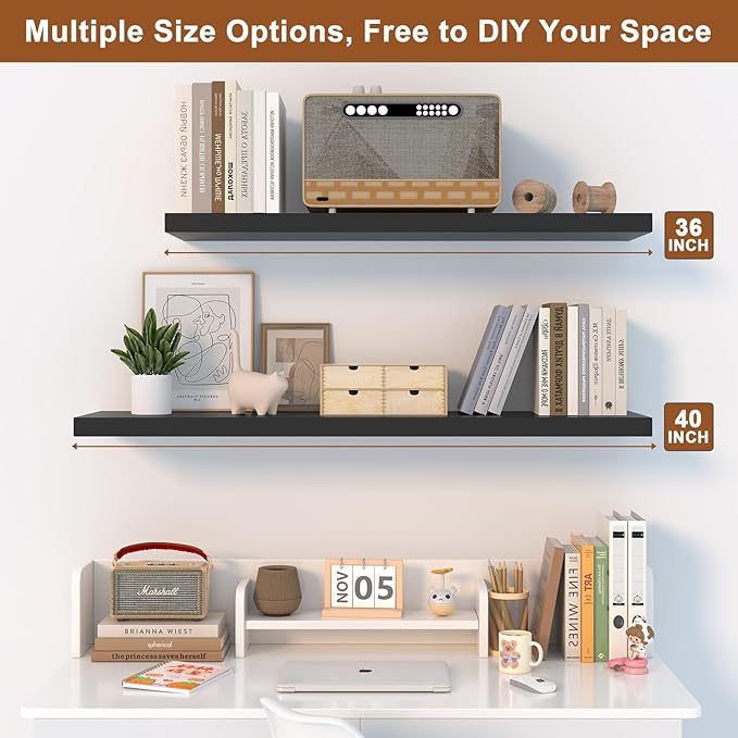 12 Inch Deep Floating Shelves for Wall 2 Pack Floating Shelfs Large Storage Space Wall Decor Display Shelf for Bathroom Living Room Bedroom Kitchen 23.8" W x 12" D x 1.2" H Black