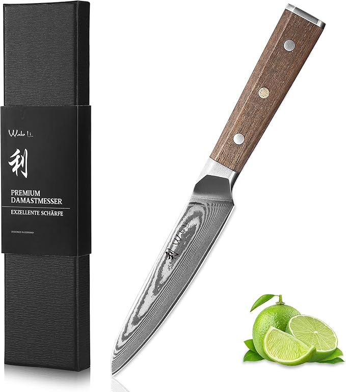 Wakoli HIK Damascus Utility Knife – Full Tang Multipurpose Knife | 5-Inch Blade Made of 67-Layer Damascus Steel with VG10 Core | Walnut Wood Handle | Sharp, Durable, Gift Box Included