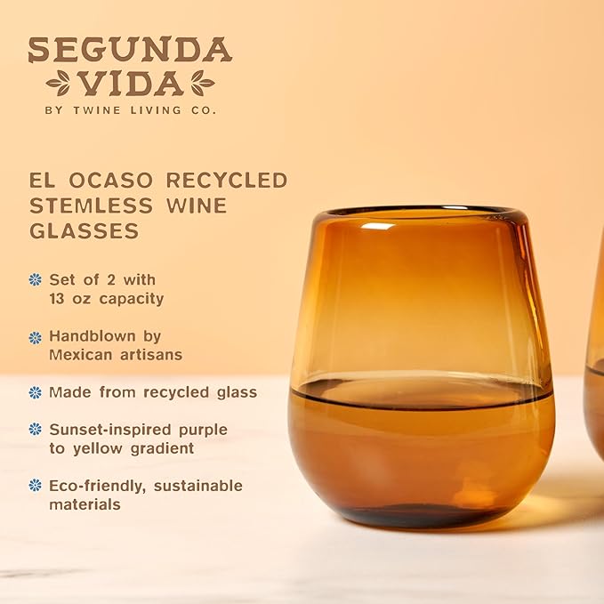 Twine Living El Ocaso Hand Blown Wine Glasses, Recycled Mexican Glassware with Sunset Inspired Yellow and Purple Gradient, Stemless Drinking Glasses for Wedding Gifts, Wine Lovers, 13 oz Set of 2