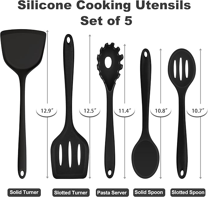 TeamFar Silicone Cooking Utensils Set, 5-Piece Heat Resistant Kitchen Utensils Set, Nonstick Slotted Solid Spoon Turner Pasta Server for Frying, Serving, Mixing, Non-Toxic & Dishwasher Safe, Black