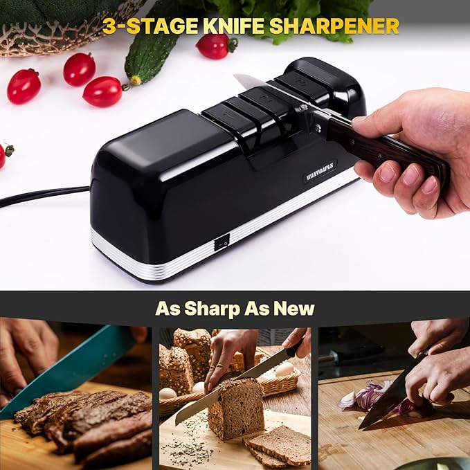 Electric Knife Sharpener - 3 Stage knife Sharpener for Kitchen Knives with professional grade safety, offering fast sharpening and polishing, Sharpener is perfect for home and kitchen use