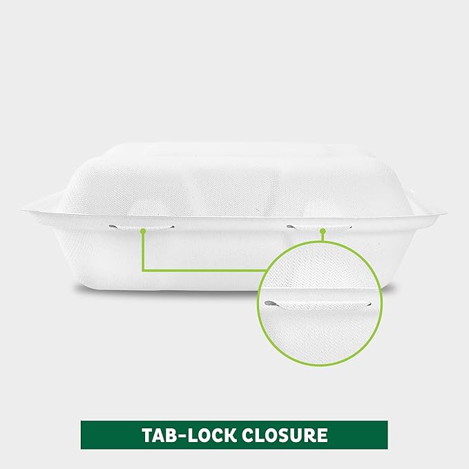 Freshware Clamshell Food Containers with Lids [9x9 100-Pack] Disposable To Go Containers, Biodegradable Sugarcane To Go Boxes - Paper Food Container - Microwave & Freezer Safe, Stackable