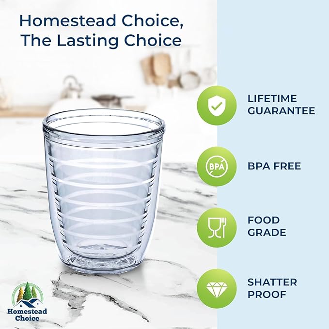 12oz Insulated Tumblers Plastic - Great for Iced Coffee & Hot Drinks, 4 pack Clear Double Wall Insulated Drinking Glasses Cups, BPA-Free, Dishwasher Safe Reusable Cups, Camping, Travel, Kitchen, Party
