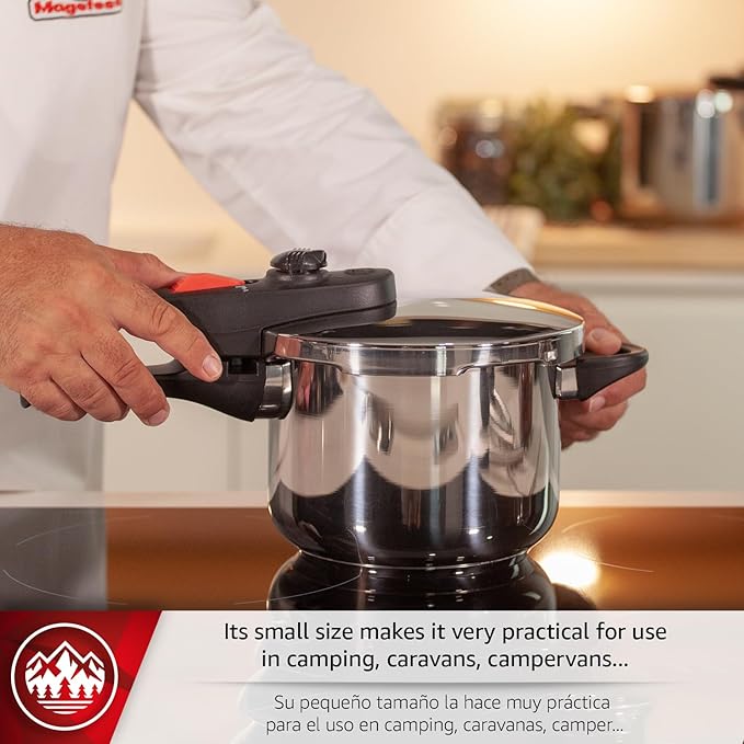 Magefesa Practika Plus 8-Quart Stainless Steel Pressure Cooker, Suitable for All Types of Stovetops, 5-Layer Heat Diffuser Bottom, 5 Safety Systems, Even Heat Distribution