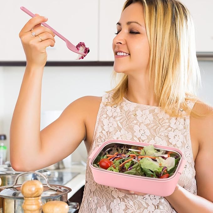 Adult Bento Lunch Box Kit, Bento Boxes Portable Lunch Box, Adult Bento Box with Lunch Bag, Bento Lunch Containers for Women, 1200ml Large Capacity Lunchbox BPA-Free(Pink Metal)