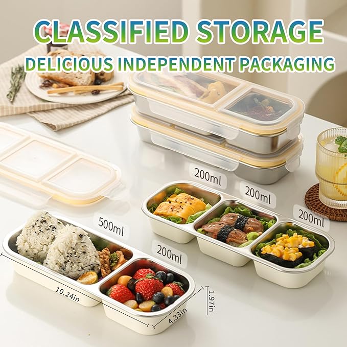 Bento Box Adult Lunch Box with 3 Grids 700ml, Portion Control Food Storage Containers for Healthy Eating Weight Loss, Travel, Work (2pcs)