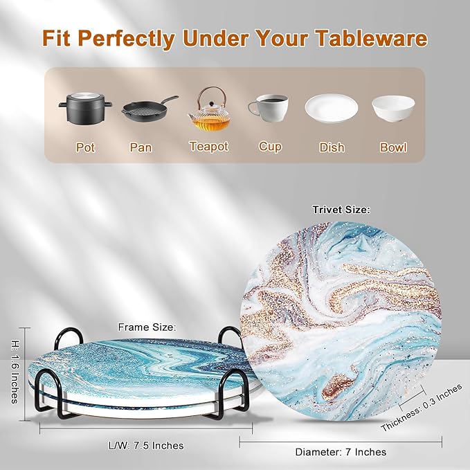 3-Pcs 7'' Ceramic Marble Style Trivet with Holder, Absorbent Trivets for Hot Dishes, Cork Bottom Anti-Slip Trivet Mats for Hot Pots and Pans
