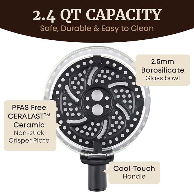 Elite Gourmet EAF2305 Glass Air Fryer, 2.4Qt Capacity, PFAS Free Ceramic Coated Ceralast™ Air Fry Rack, Adjustable Temperature 175°F to 400°F, 30-Minute Timer, 1150-Watts, 15 Recipes, Black