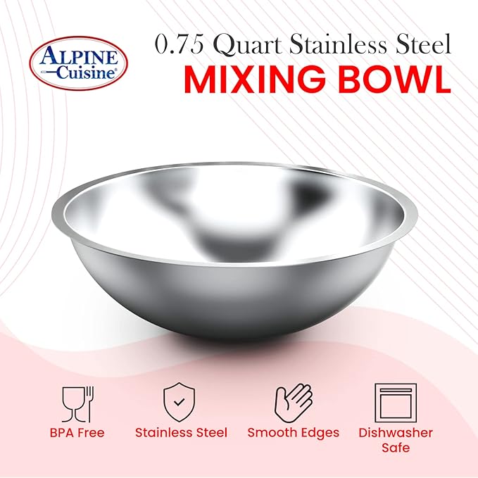 Alpine Cuisine 0.75-Quart Stainless Steel Kitchen Mixing Bowls, Salad Bowls Heavy Duty Deeper Edge, Dishwasher Safe Storage Bowls, Premium Polished Mirror Prep Bowls for Cooking & Serving